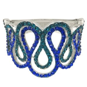 Royal Blue & Aqua Teal Curl Line Chunky Statement Hinged Silver Bangle Bracelet
